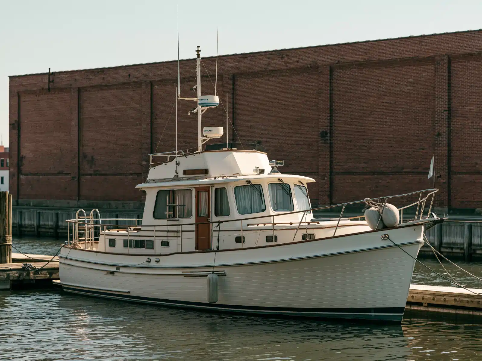 A cream trawler with teak trim tied alongside a floating dock in front of a plain brick warehouse on a calm harbor in warm afternoon light