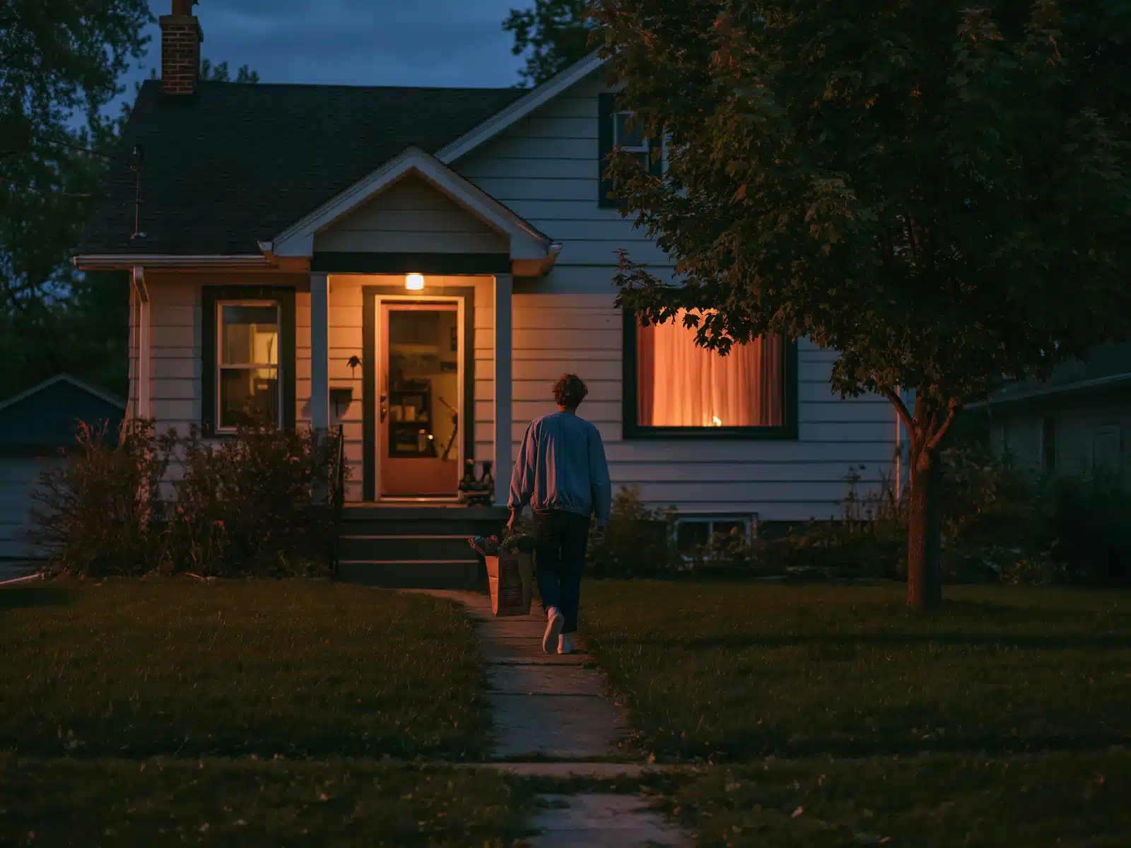 A person seen from behind carrying a paper grocery bag up the front path to a small house at dusk, with the porch light on and warm light in the windows