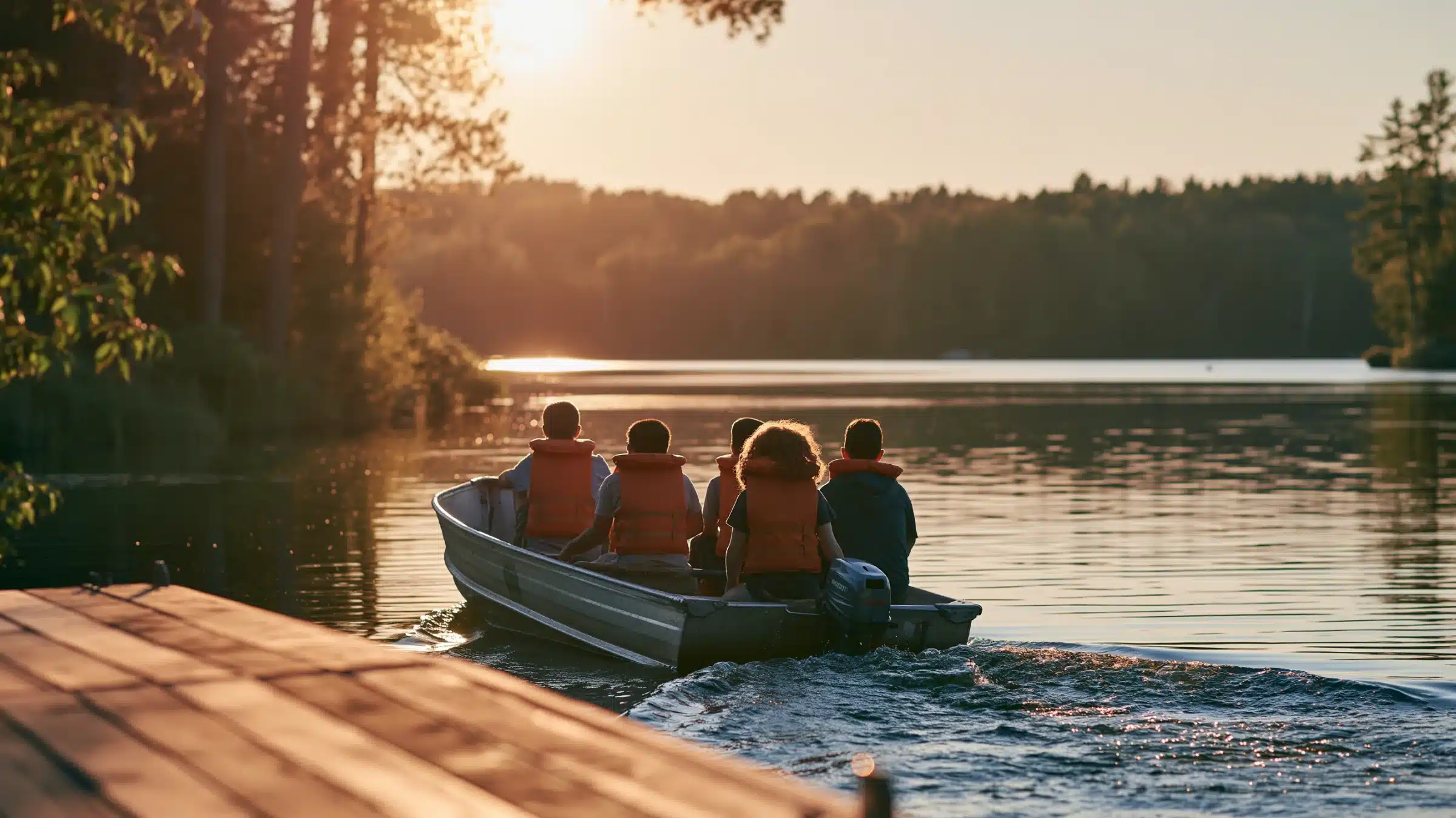 Five children and youth in orange life jackets riding in a small aluminum boat away from a wooden dock across a calm lake at sunset, seen from behind