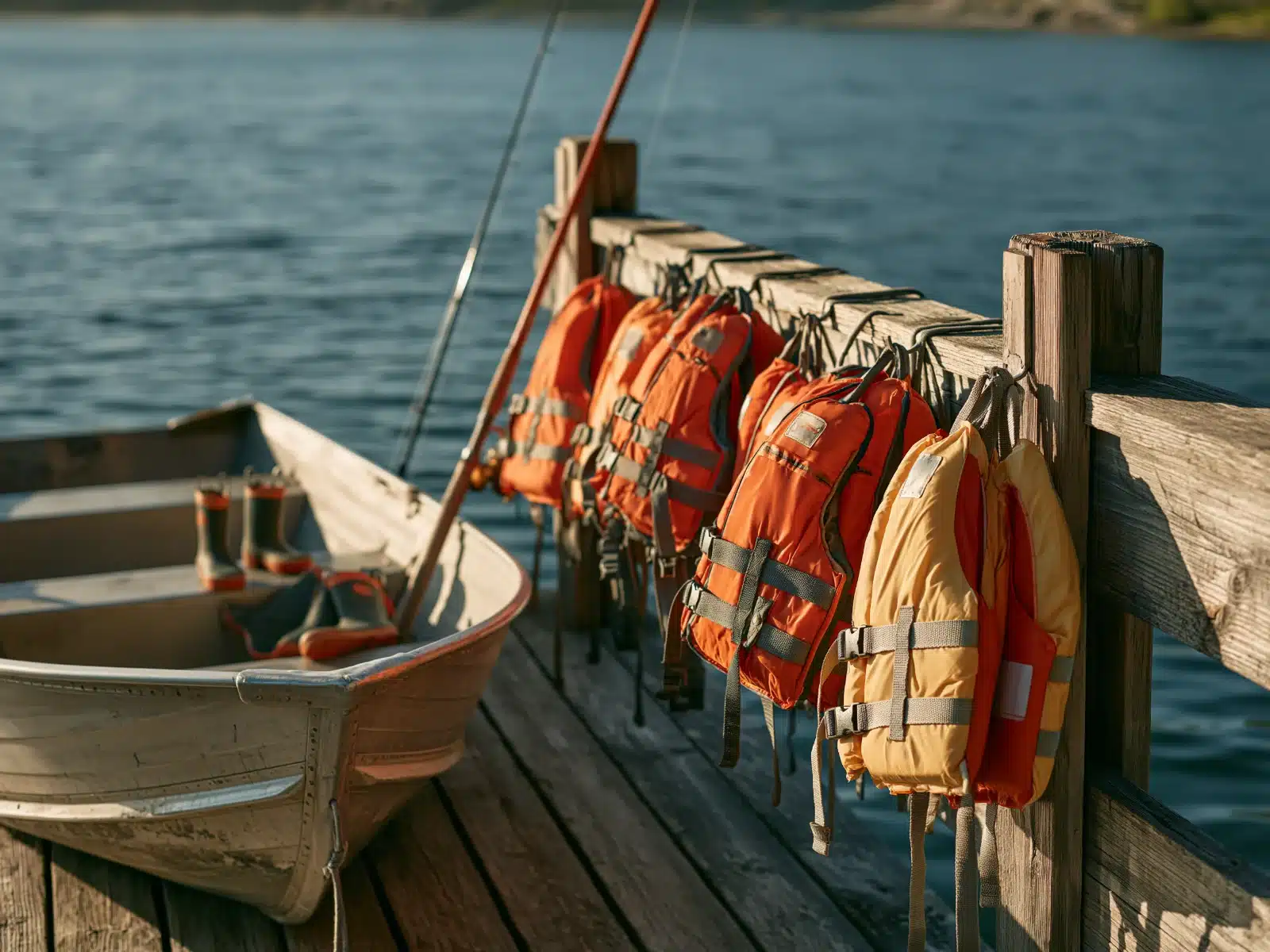 A row of orange and yellow life jackets hanging from a wooden dock rail beside a small aluminum boat with a pair of rubber boots inside, on a calm lake in afternoon sun