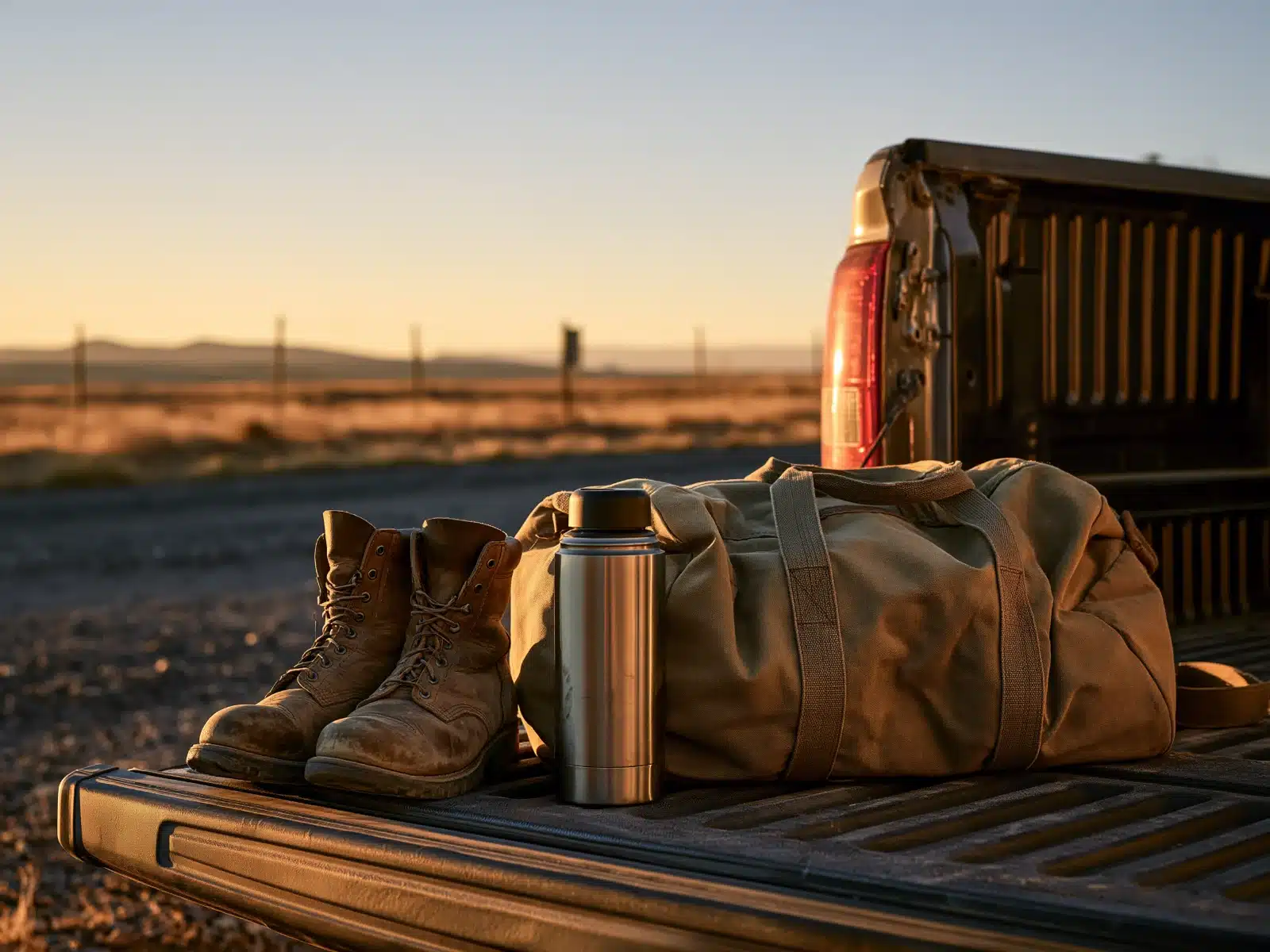 A pair of worn leather work boots, a steel thermos and a canvas duffel bag on a pickup tailgate at sunrise beside a quiet country road