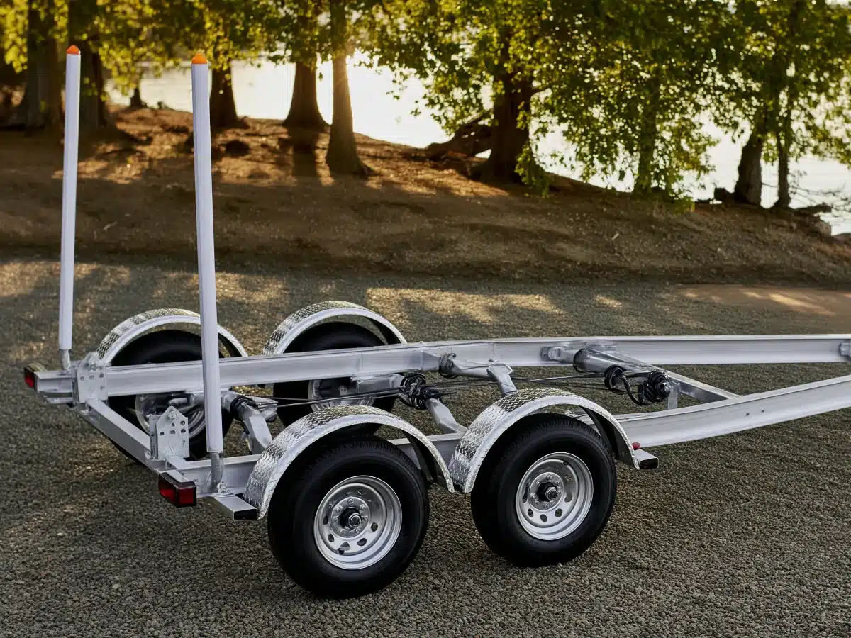 An empty galvanized tandem-axle boat trailer with carpeted V bunks and keel rollers, parked on gravel beside a calm lake