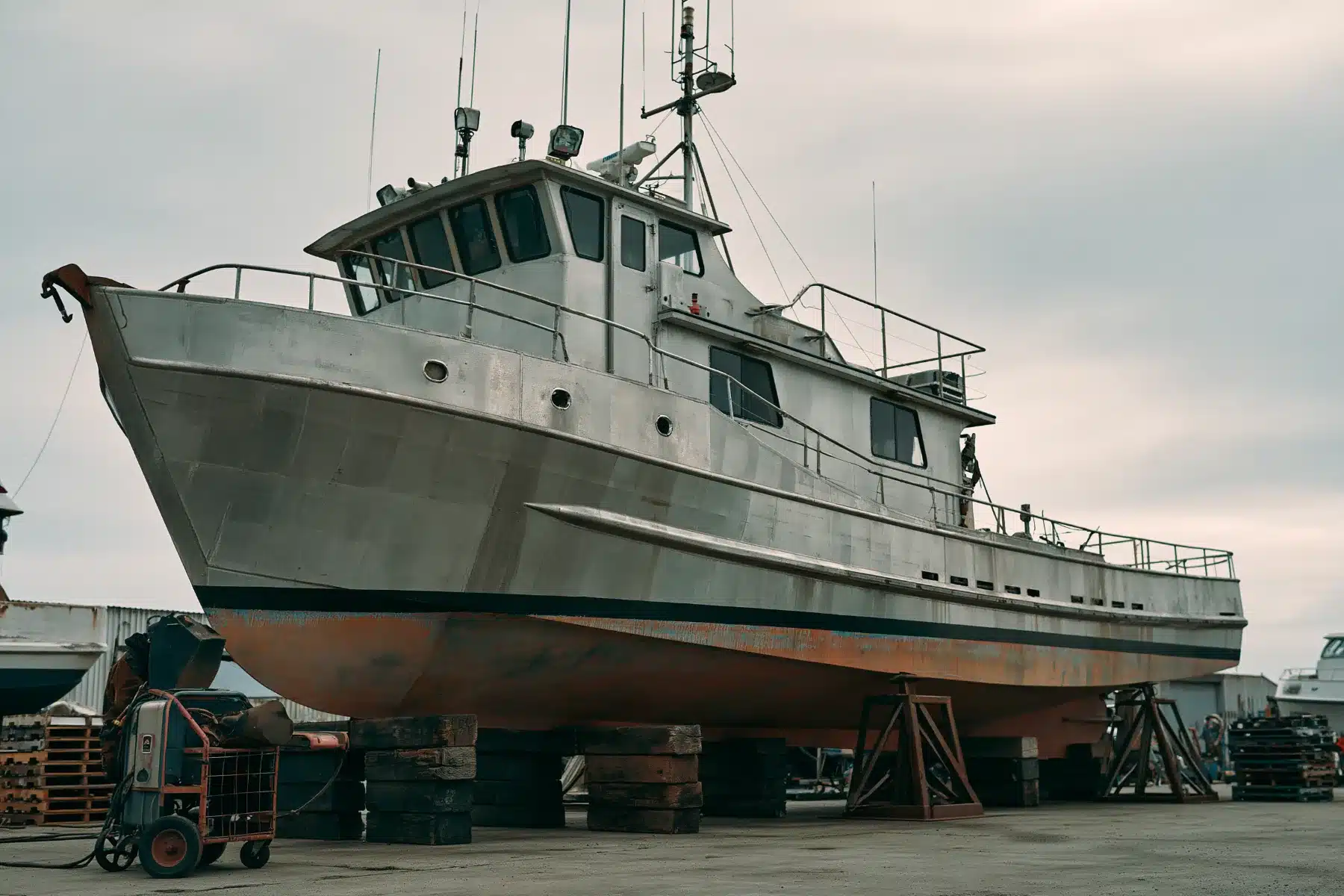 A 38-foot steel work vessel hauled out on blocks and stands in a boatyard