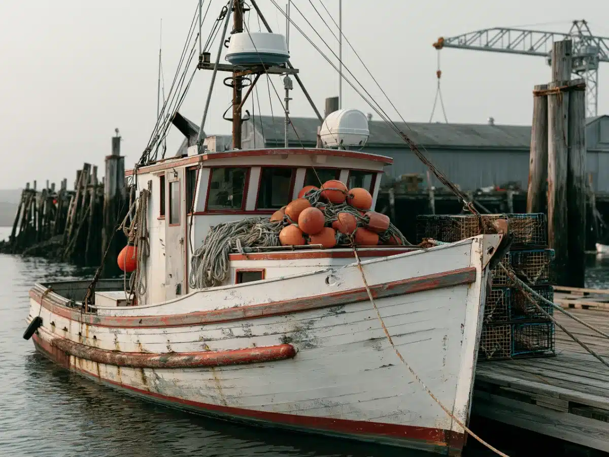 A weathered white and red wooden fishing boat tied to a working wharf, floats and net piled on deck, lobster traps stacked alongside
