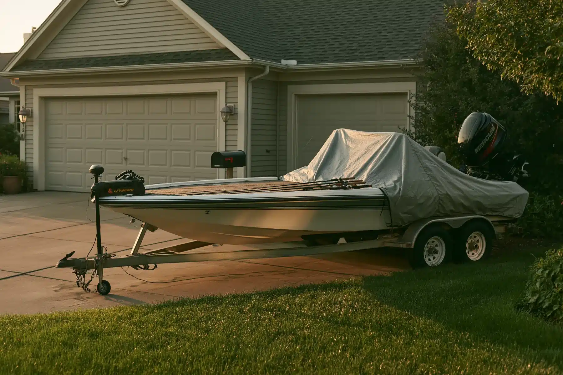 A covered 20-foot bass boat on a tandem-axle trailer in a suburban driveway