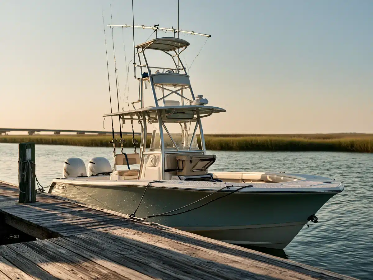 A white center console fishing boat with rods in its tower, tied to a wooden dock beside a salt marsh at sunset