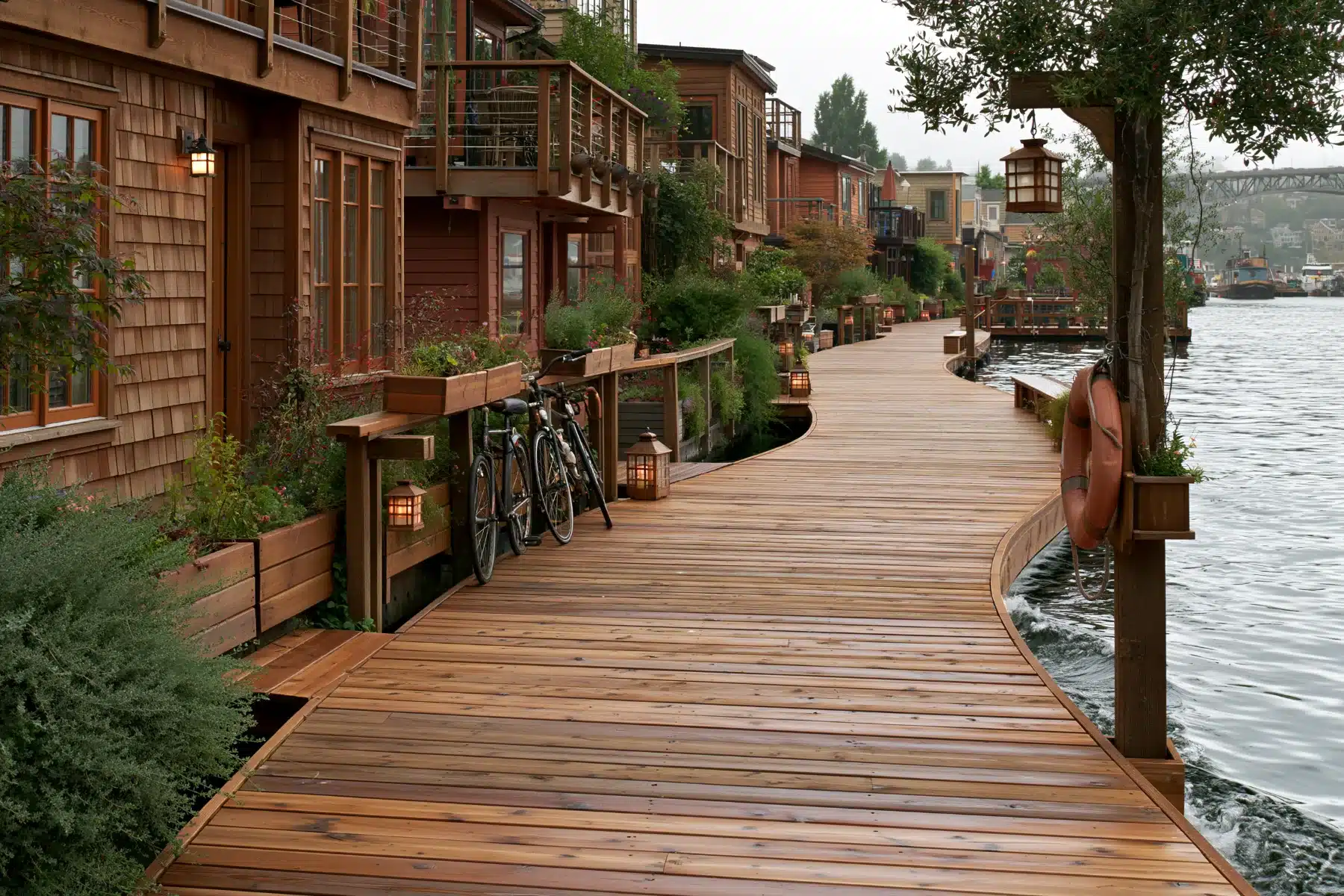 A curving cedar boardwalk lined with floating homes, planters, bicycles and lanterns beside the water