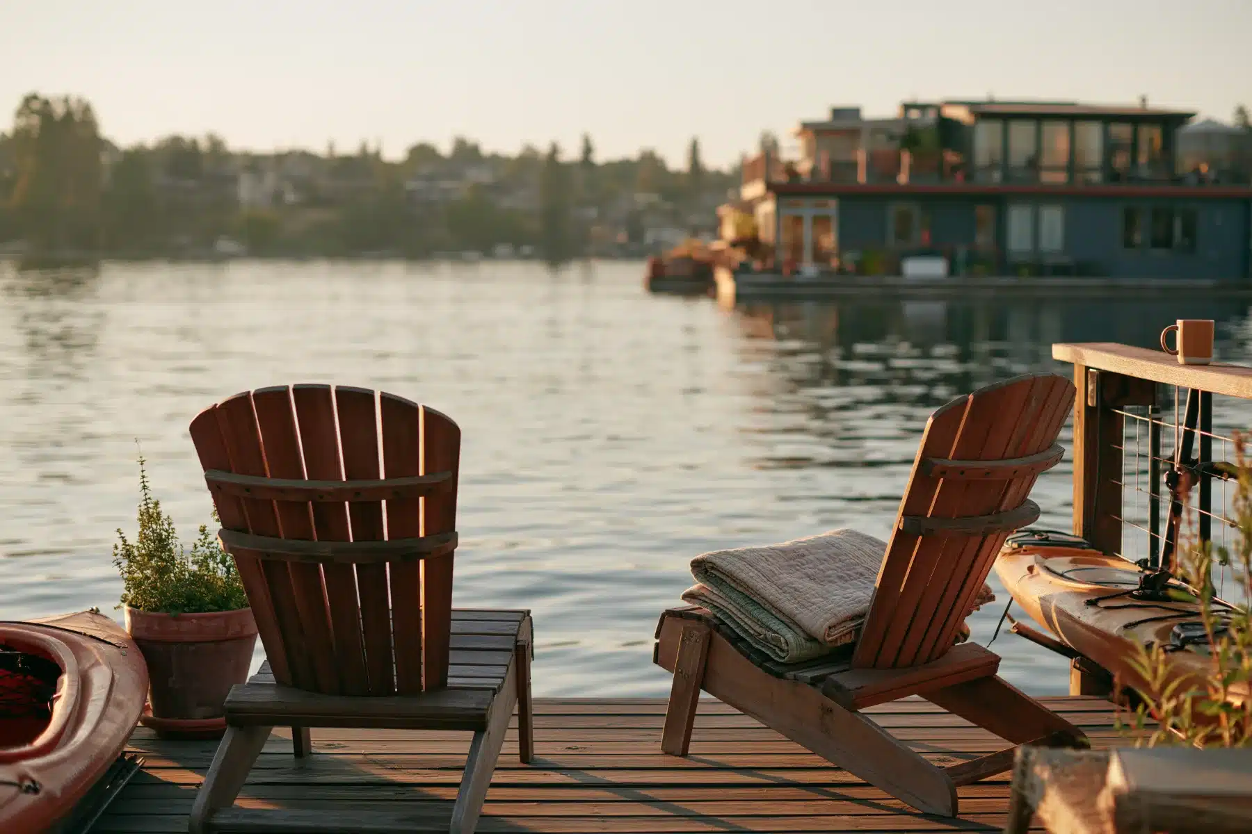 Two wooden Adirondack chairs on a floating-home deck facing the water at golden hour, with a kayak and a neighboring floating home across the channel
