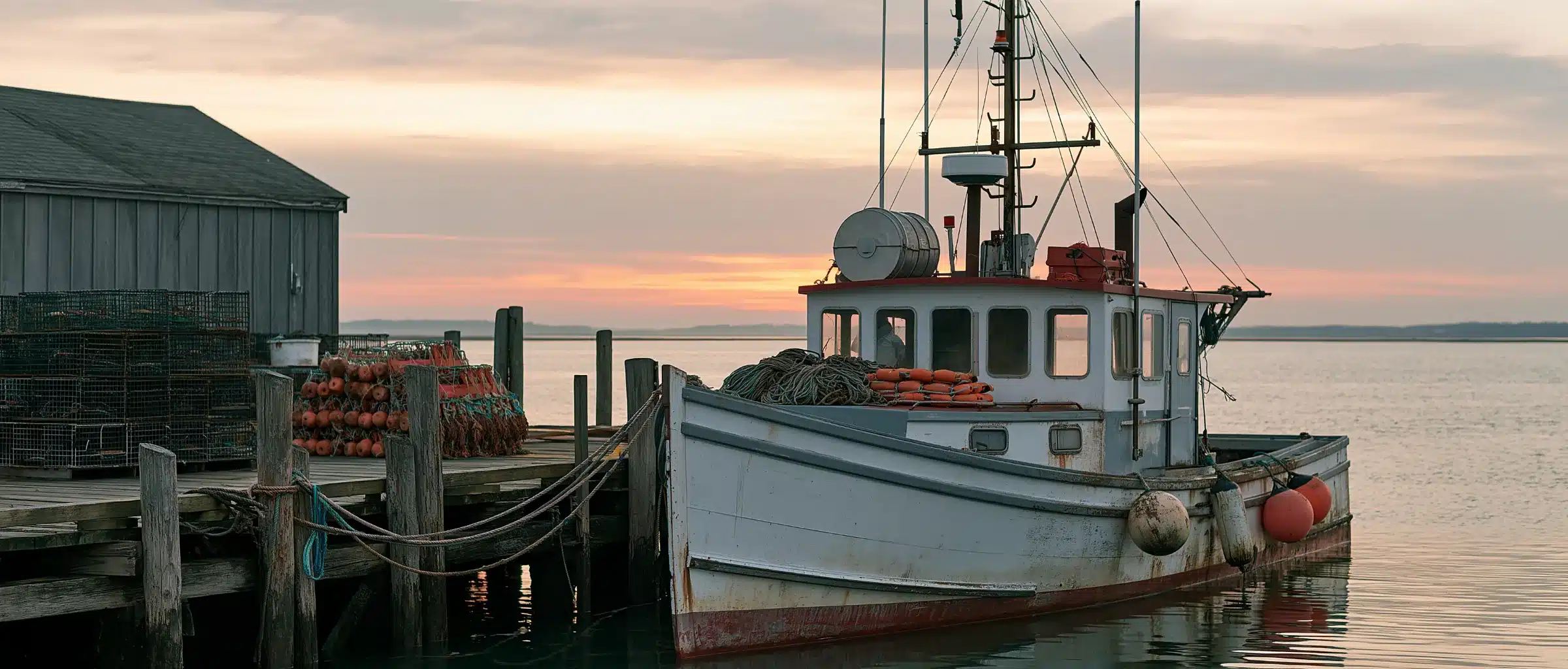 A 45-foot commercial fishing boat tied to a working wharf with stacked traps and buoys at sunset