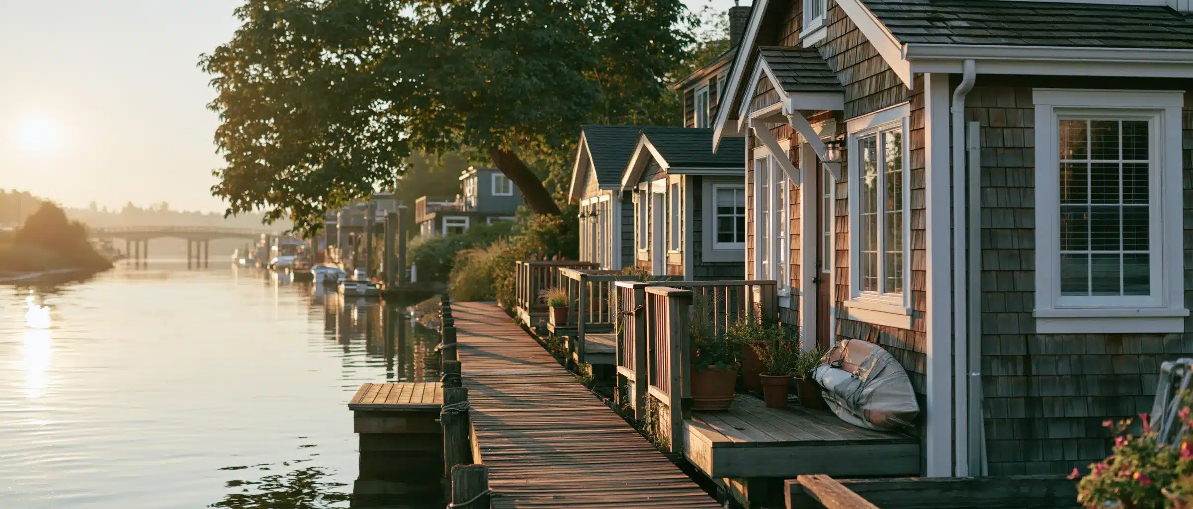 A row of cedar-shingled floating homes along a plank boardwalk on a calm river at sunrise