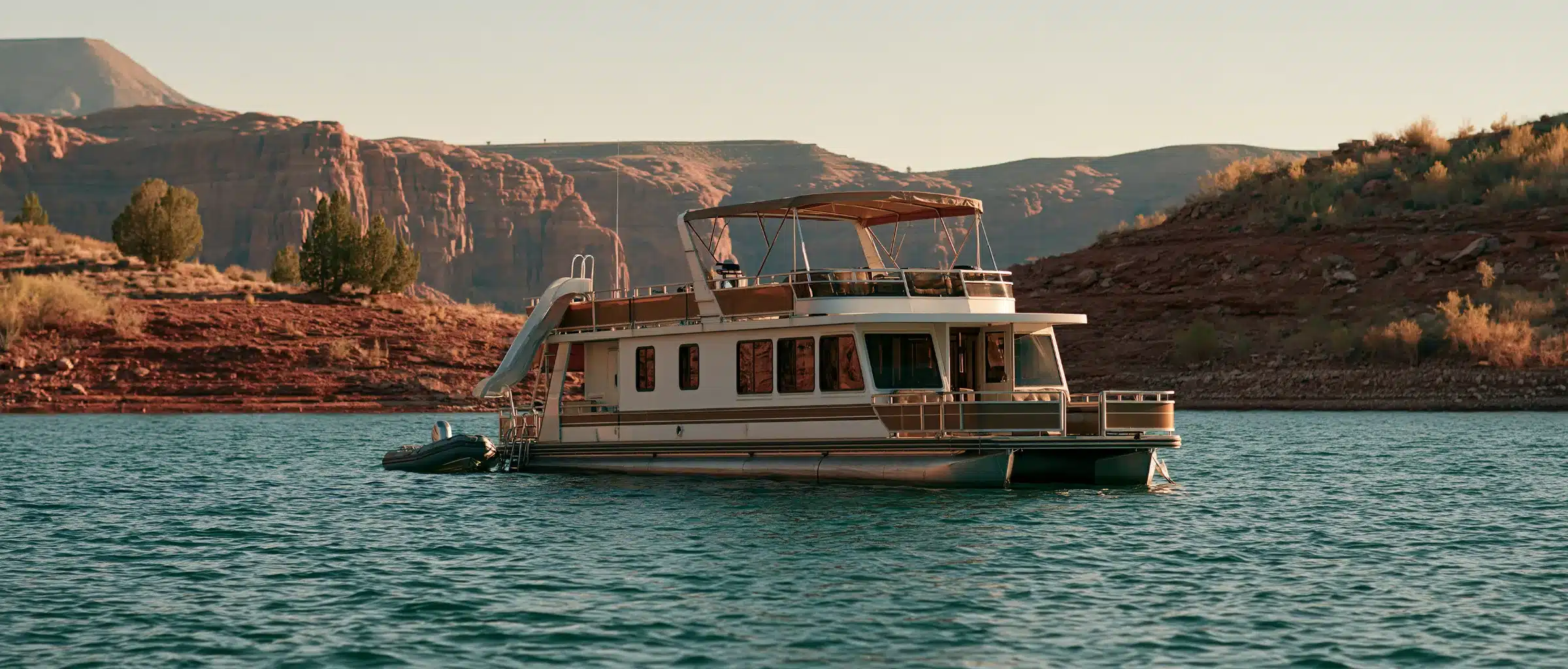 A two-deck houseboat with a waterslide and bimini top anchored on a red-rock canyon lake in warm evening light