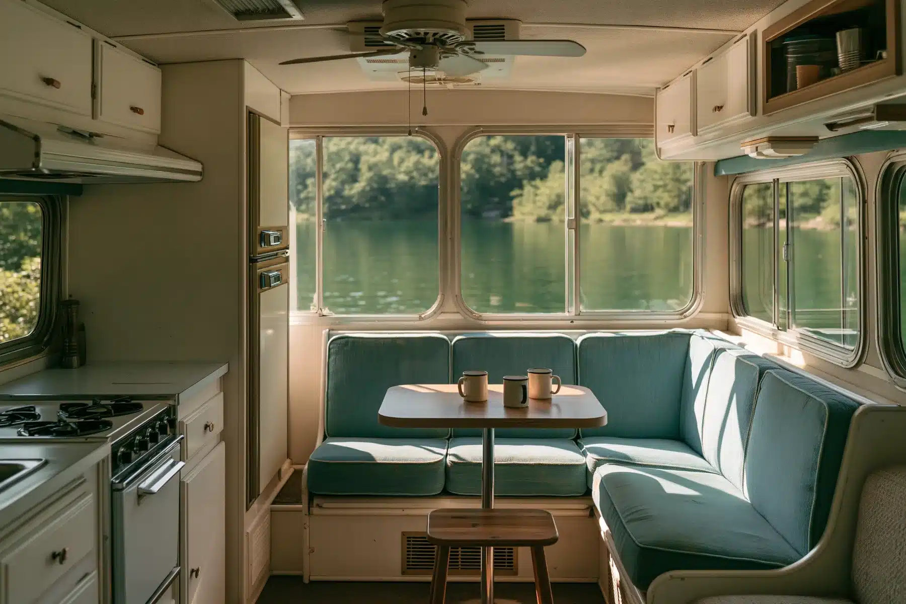 Houseboat main cabin with a galley, a dinette with blue bench seating and lake views through large windows