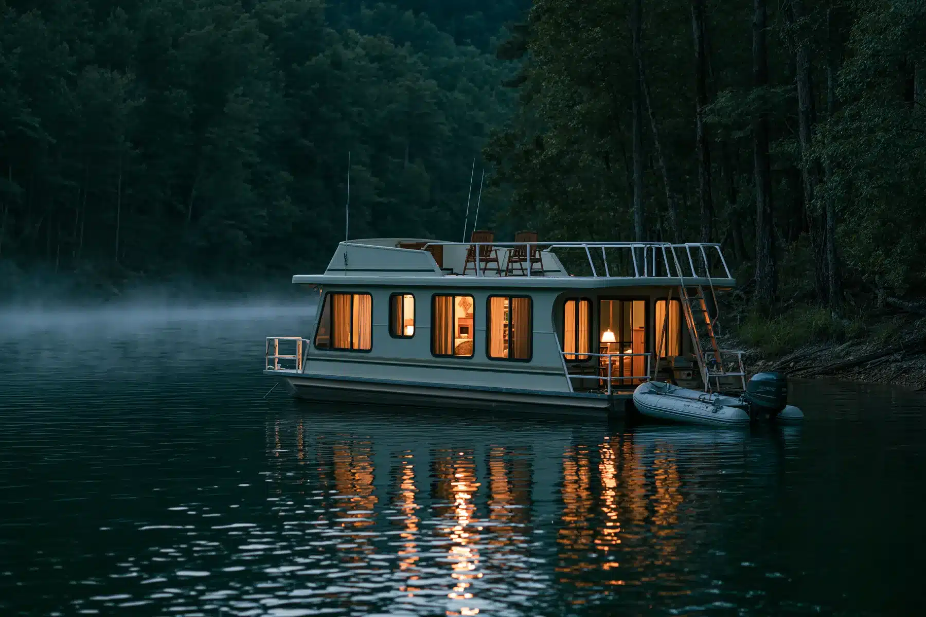 A 48-foot two-deck houseboat with lit windows and a tender alongside on a quiet wooded cove at dusk