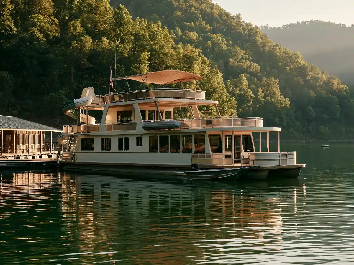 A cream two-deck houseboat with a waterslide and shaded upper deck, tied at a covered marina on a wooded lake at sunrise