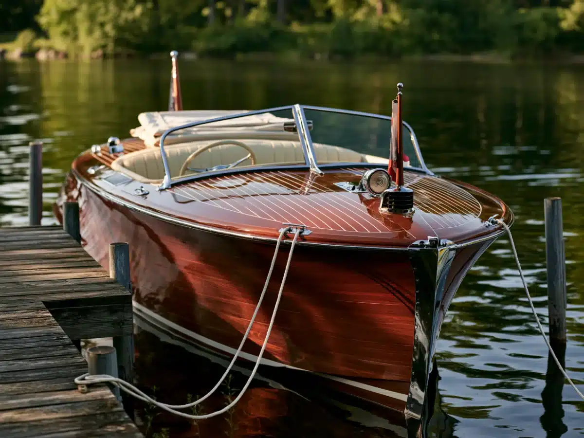 A restored 1948 mahogany Chris-Craft Sportsman runabout tied to a wooden dock on a calm lake
