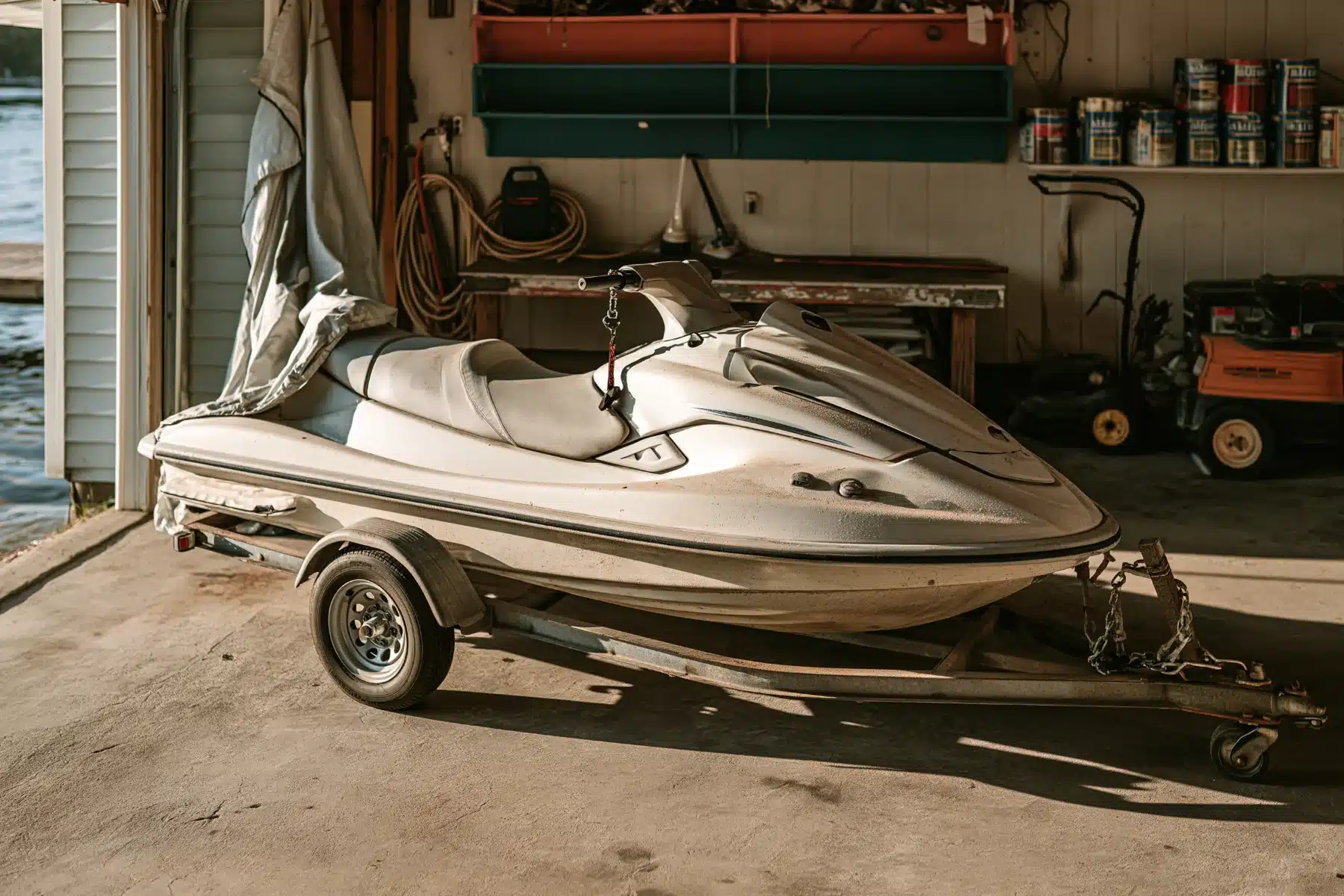 A jet ski on a single-axle trailer stored in a lakeside garage