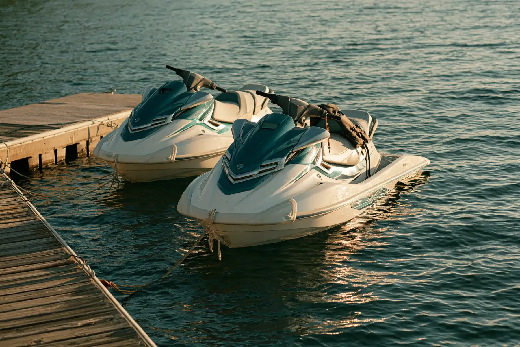Two jet skis tied to a floating dock on a lake in warm evening light