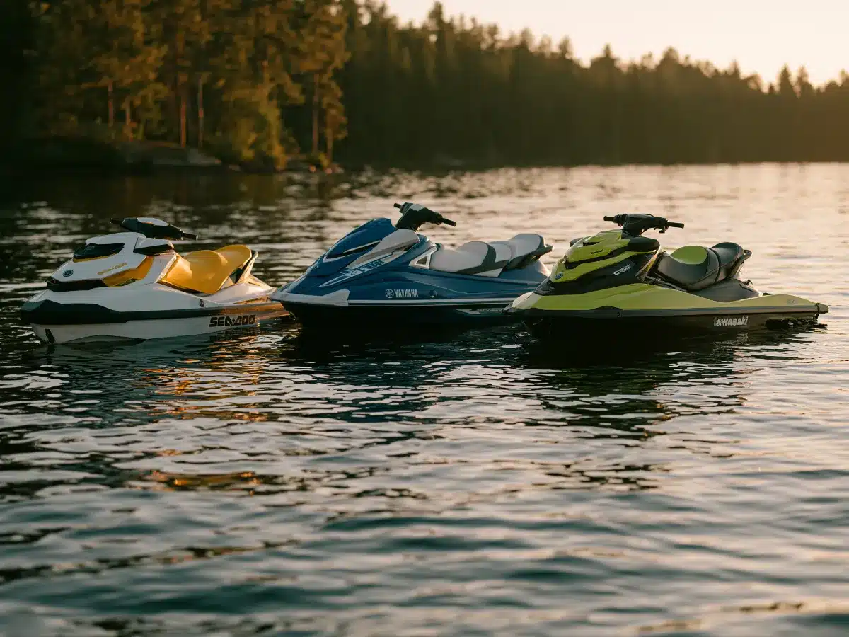 A white and yellow Sea-Doo, a blue Yamaha WaveRunner and a green Kawasaki Jet Ski floating side by side on a calm lake at sunset