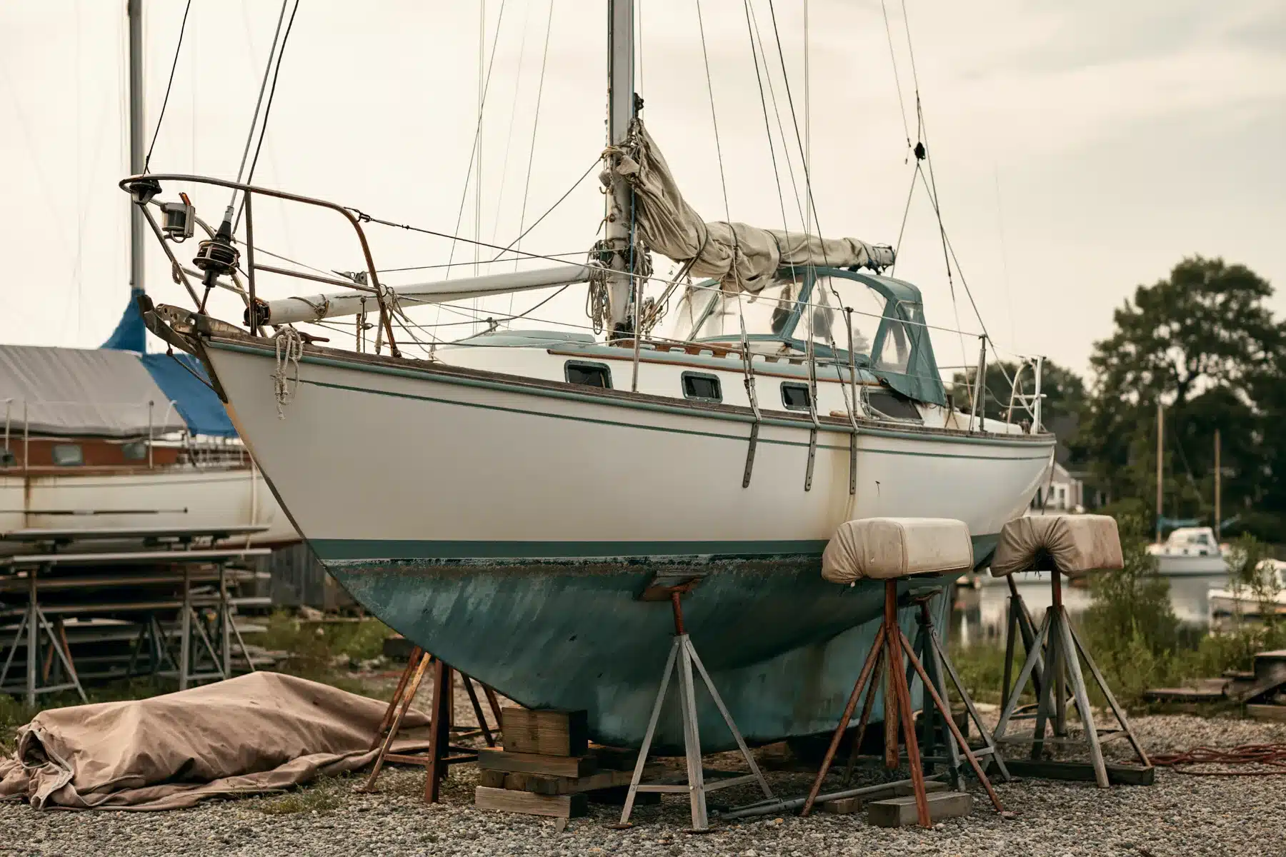 A 32-foot sailboat with a faded blue bottom, resting on jack stands in a boatyard