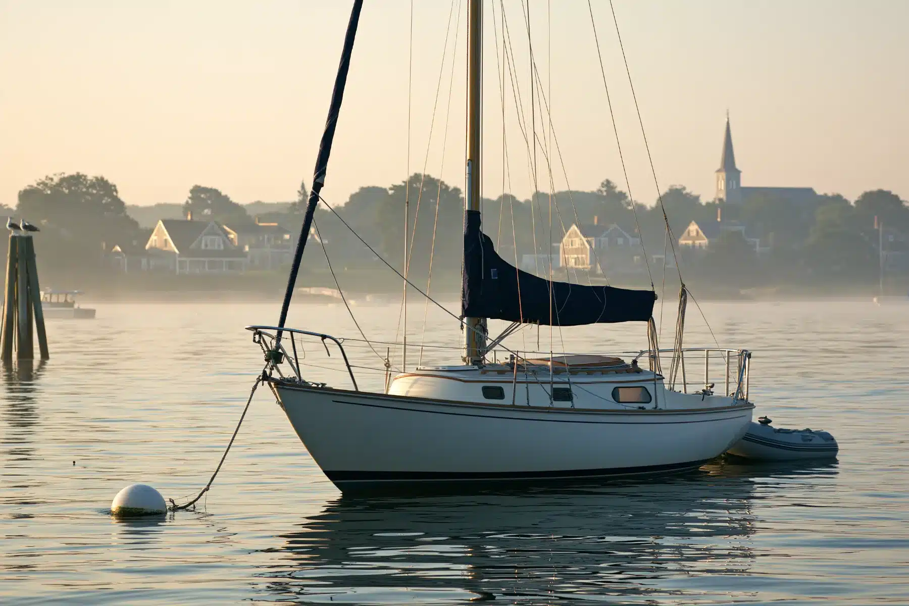 A 27-foot sailboat on a mooring in a New England harbor at sunrise