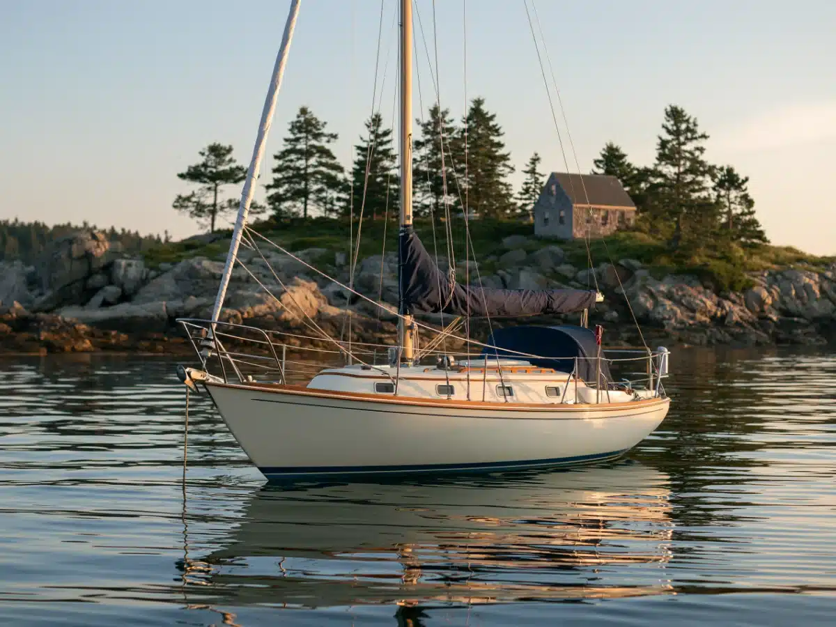 A white sloop with its sail cover on, moored in calm water off a rocky spruce-lined shore at golden hour