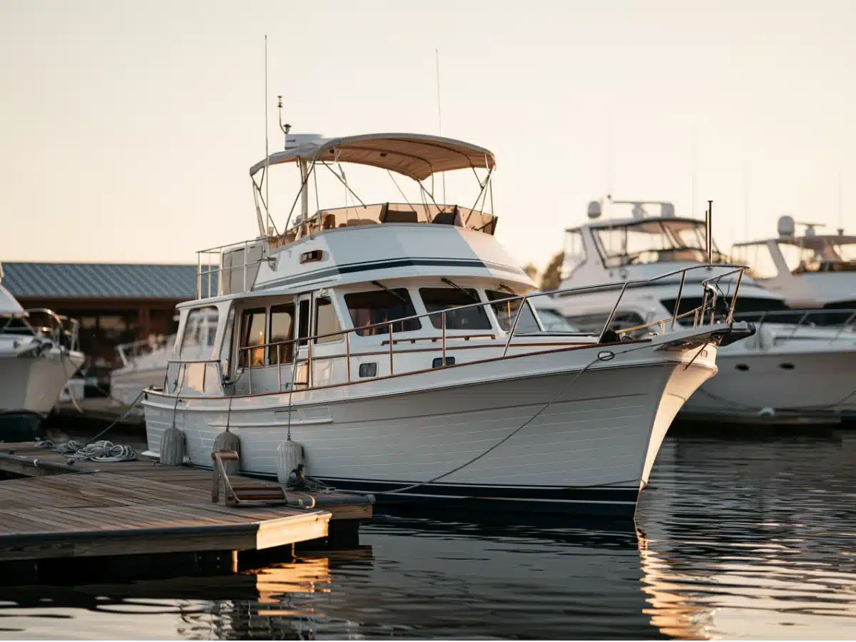 A white flybridge motor yacht tied along a wooden dock in a marina at sunset