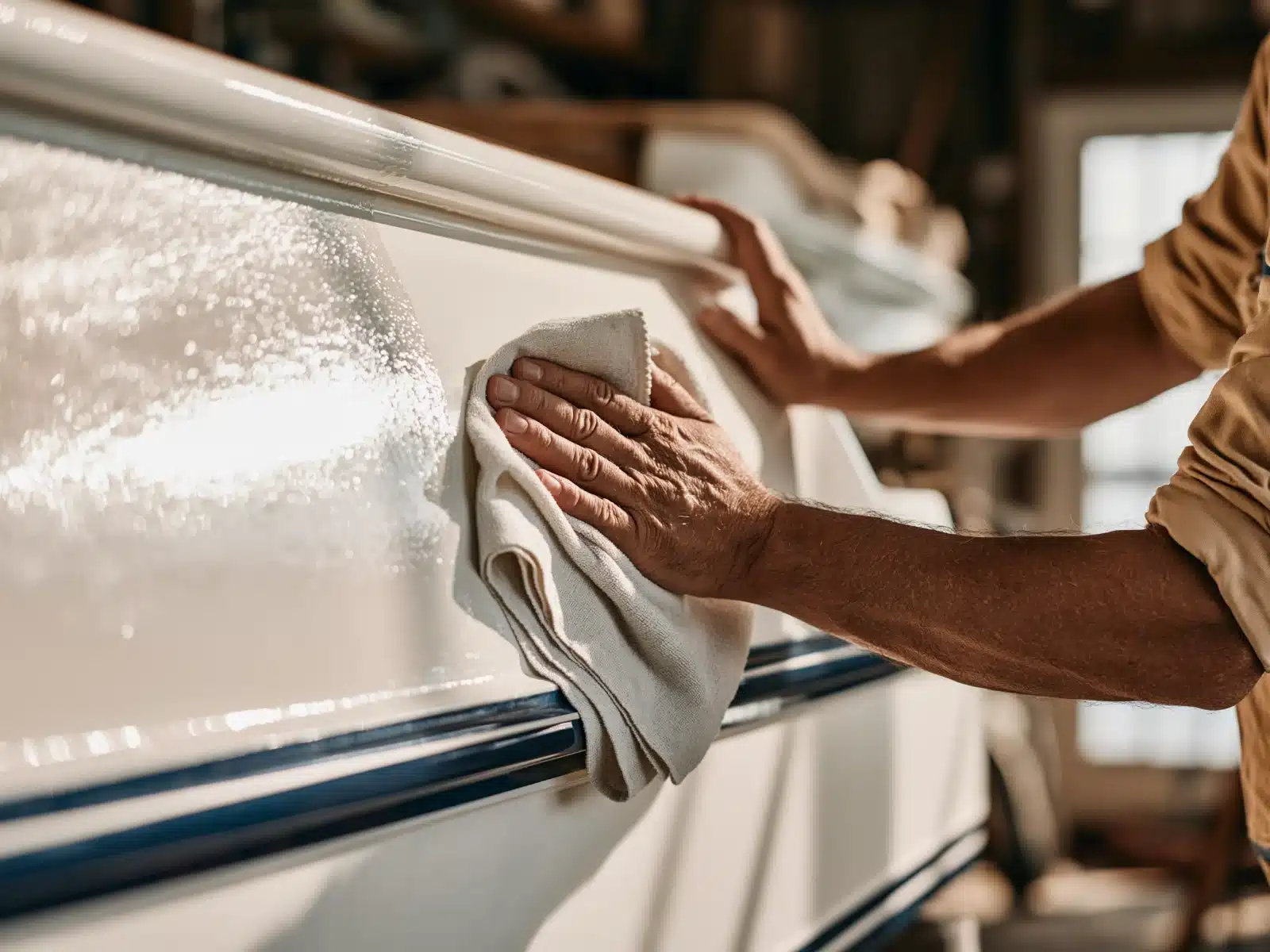 A worker's hand polishing the white fiberglass hull of a boat with a folded cloth inside a boatyard shop, the polished area gleaming beside a navy stripe