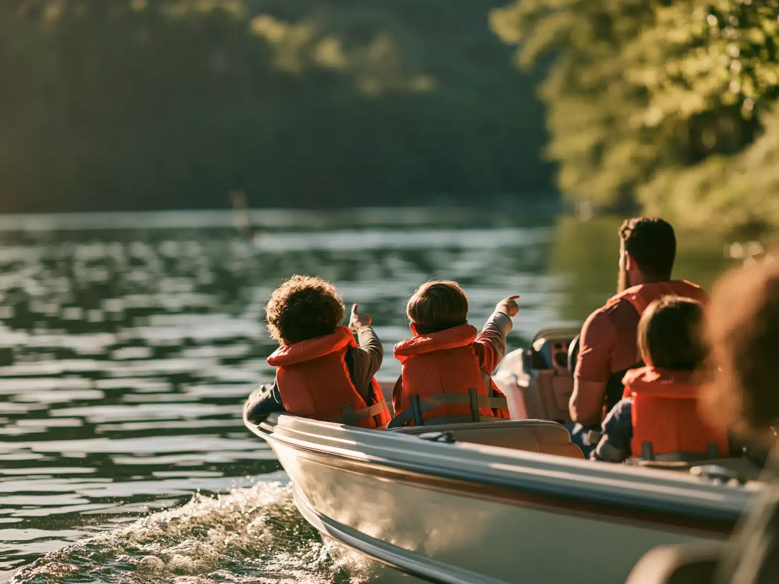 Two children in orange life jackets pointing across a sunlit lake from a boat, with an adult at the wheel, seen from behind