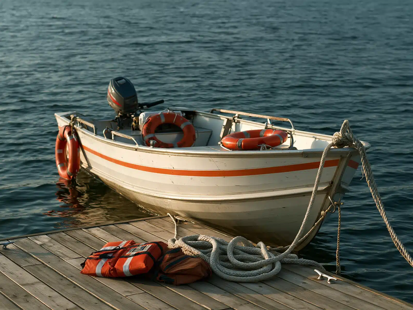 A white and orange aluminum boat with life rings and life jackets tied to a wooden dock on dark, calm water in low sun