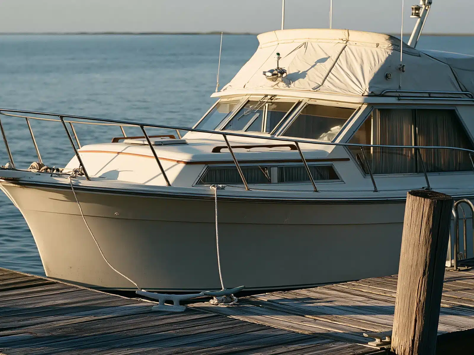 A cream cabin cruiser with a fitted canvas cover tied to a weathered wooden dock by two dock lines on calm water in early morning light