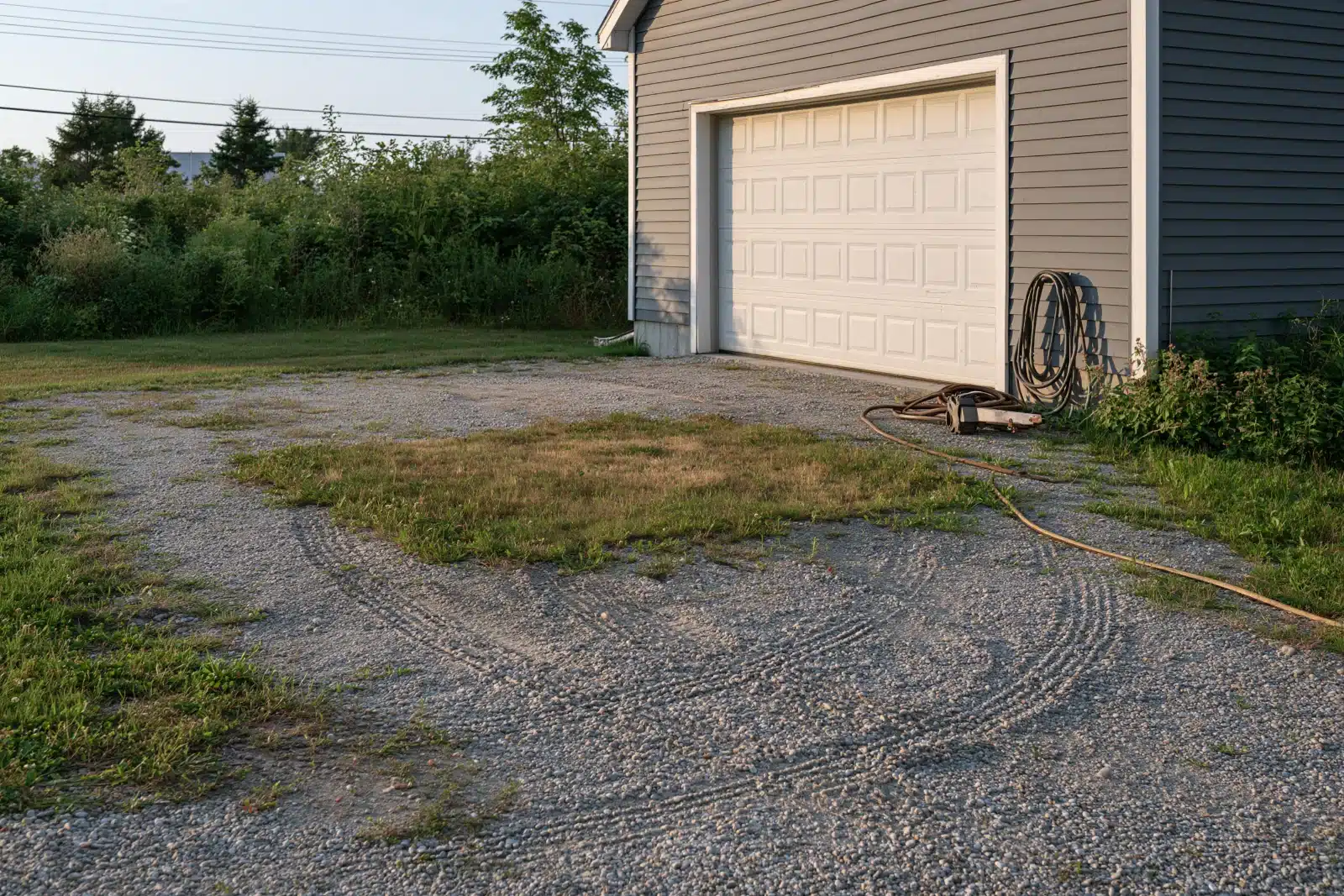 An empty gravel pad beside a garage with curved tire tracks, a rectangle of pale grass where a boat trailer used to sit and a coiled hose on the wall in late-afternoon light