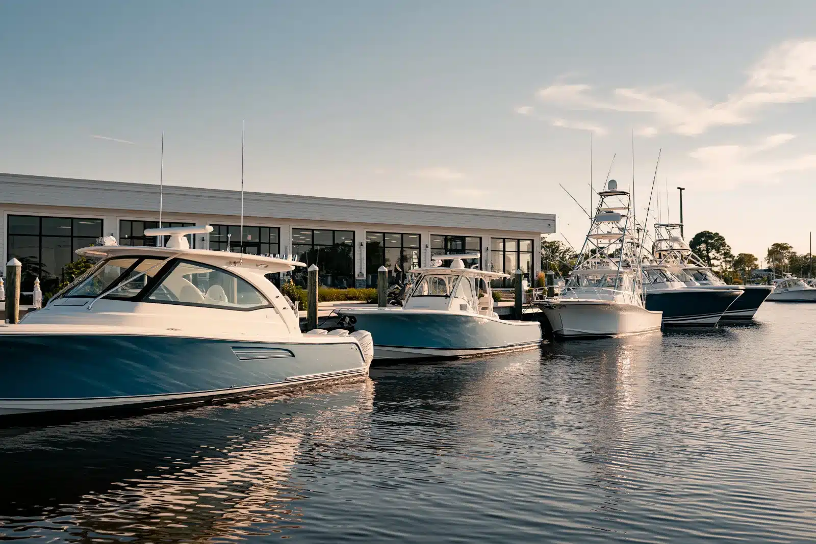 New blue and white boats tied side by side at a dealer's waterfront dock in warm evening light, with a low showroom with large black-framed windows and sportfishing boats beyond