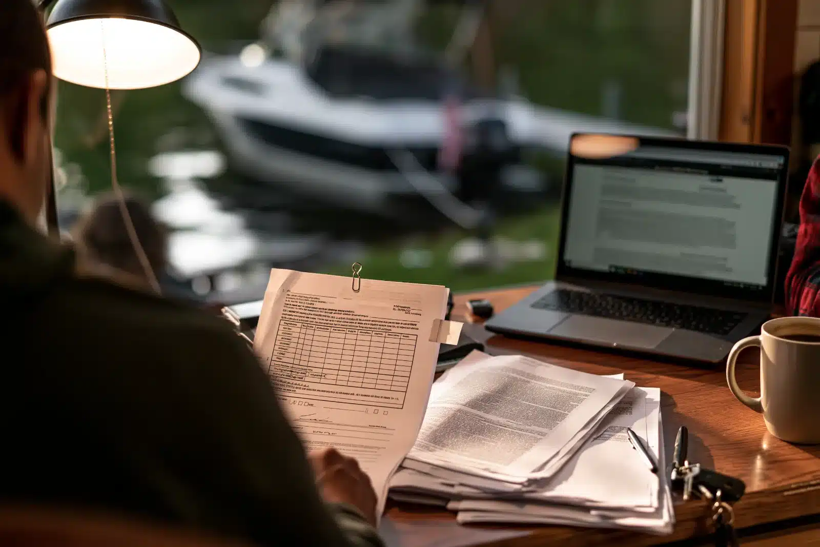 A person seen from behind at a lakeside desk in warm lamplight, comparing a printed form with a paper clip against a stack of papers and a laptop, with a boat tied at a dock outside the window