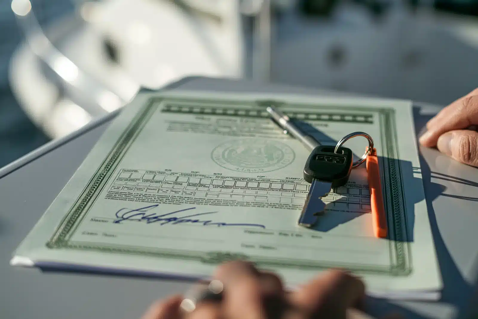A pale green state boat title with an engraved border, seal and a blue-ink signature lying on a gray dock table, with a pen, an ignition key on an orange foam float and a hand at the edge, a white boat soft behind