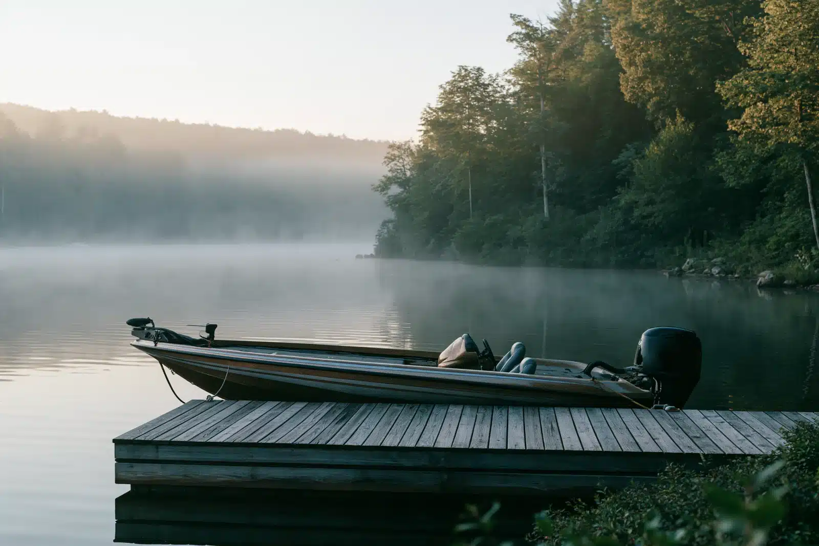 A metallic-flake bass boat tied alongside a wooden lake dock at dawn in side profile, with mist on calm water and green trees along the shore