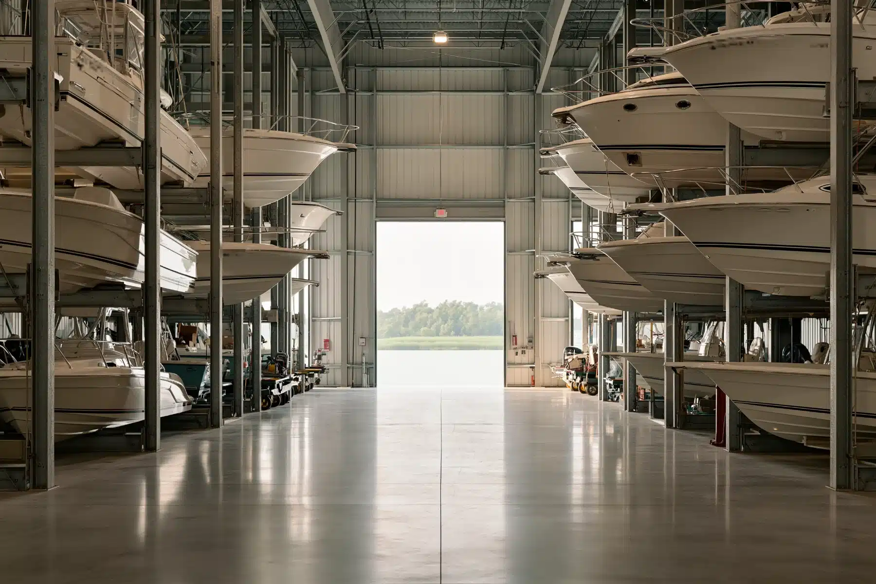 Powerboats resting on tall steel racks inside a dry-stack storage building, with a wide concrete aisle and an open bay door onto grass