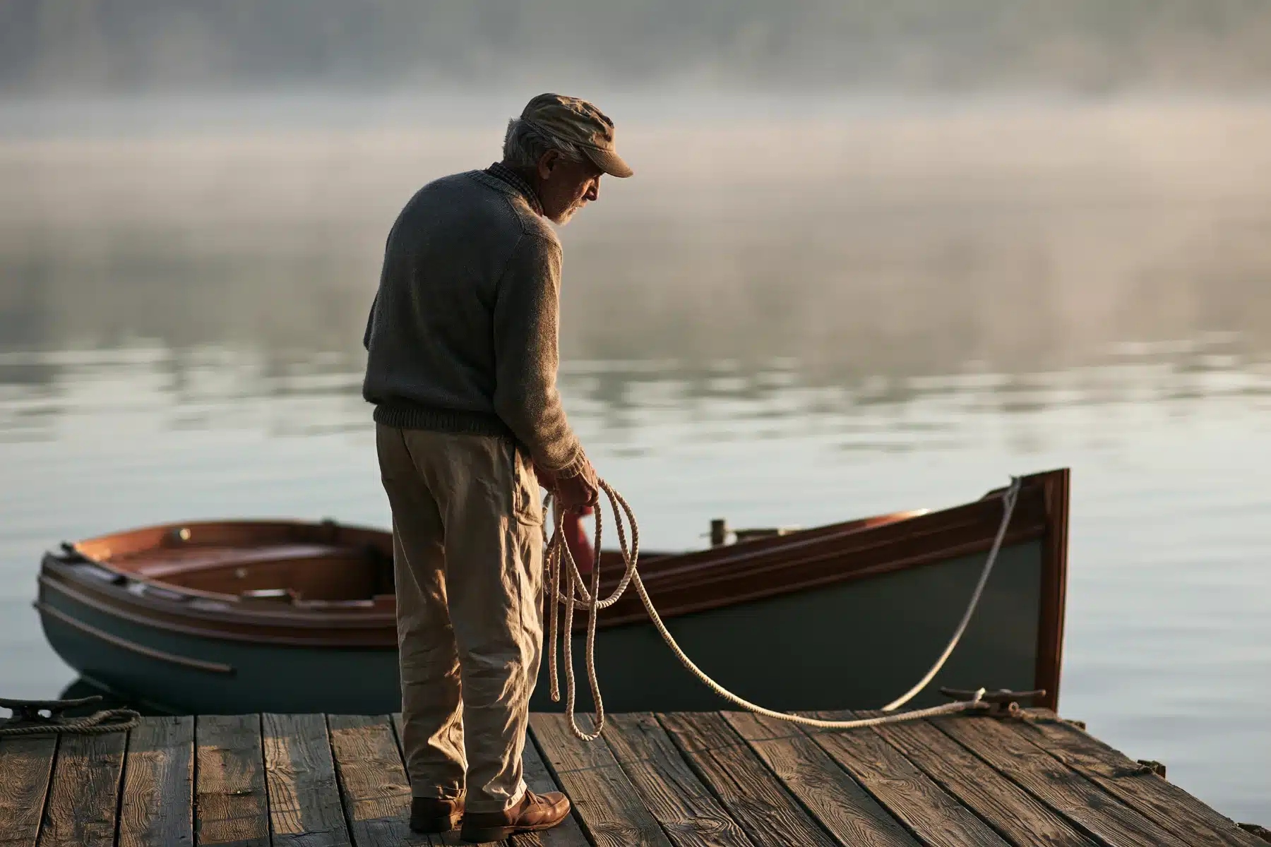 An older man in a sweater and cap standing on a weathered dock at dawn with a coil of line in his hand, a varnished wooden boat tied beside him