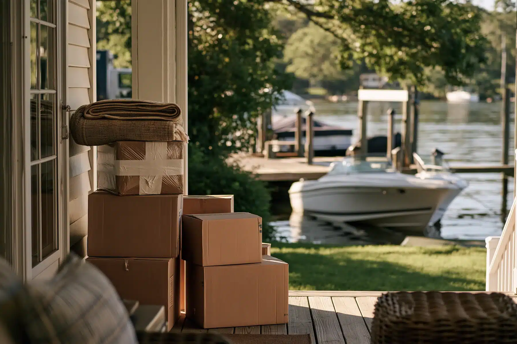 Taped moving boxes and a folded rug on a lake house porch, with a lawn running down to a dock and a white cabin boat tied alongside