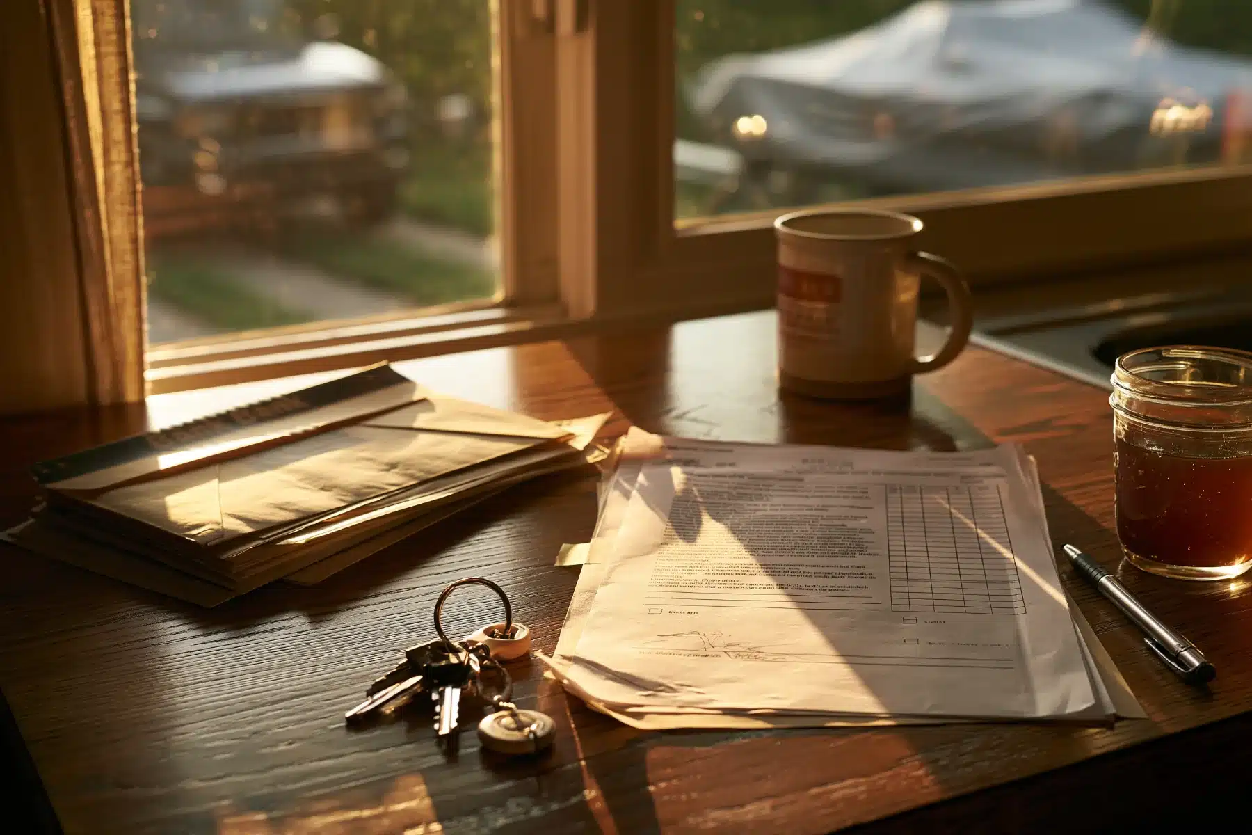Boat keys, a stack of loan paperwork and a bank envelope on an oak desk in warm light, with a covered boat on a trailer in the window