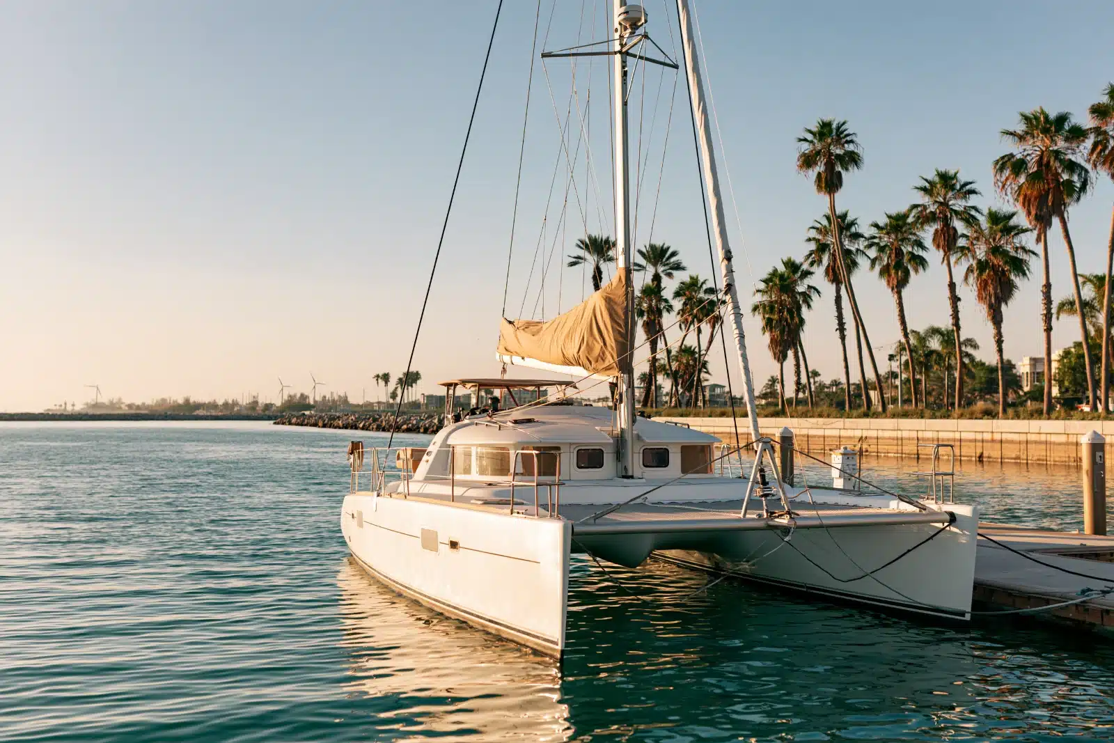 A sailing catamaran with its mainsail furled in a tan cover tied to a dock at sunrise, with palm trees and a sea wall along the calm water