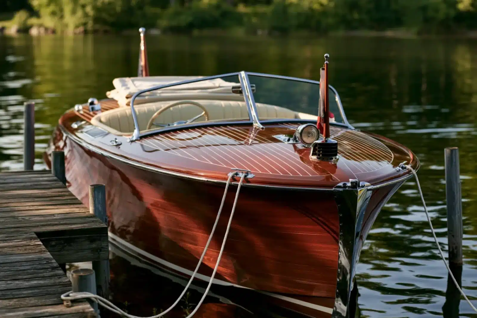 A restored 1948 mahogany Chris-Craft runabout with chrome trim and a cream interior tied to a wooden dock on a calm lake