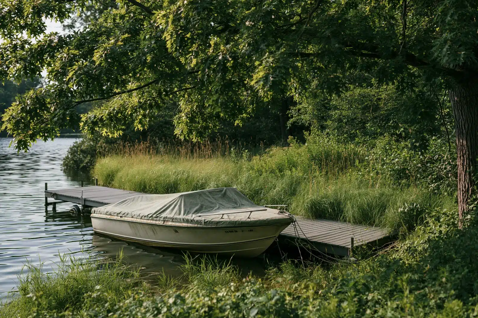 A weathered cream boat under a faded green cover tied at a gray wooden dock beside tall grass and overhanging oak branches on a quiet lake