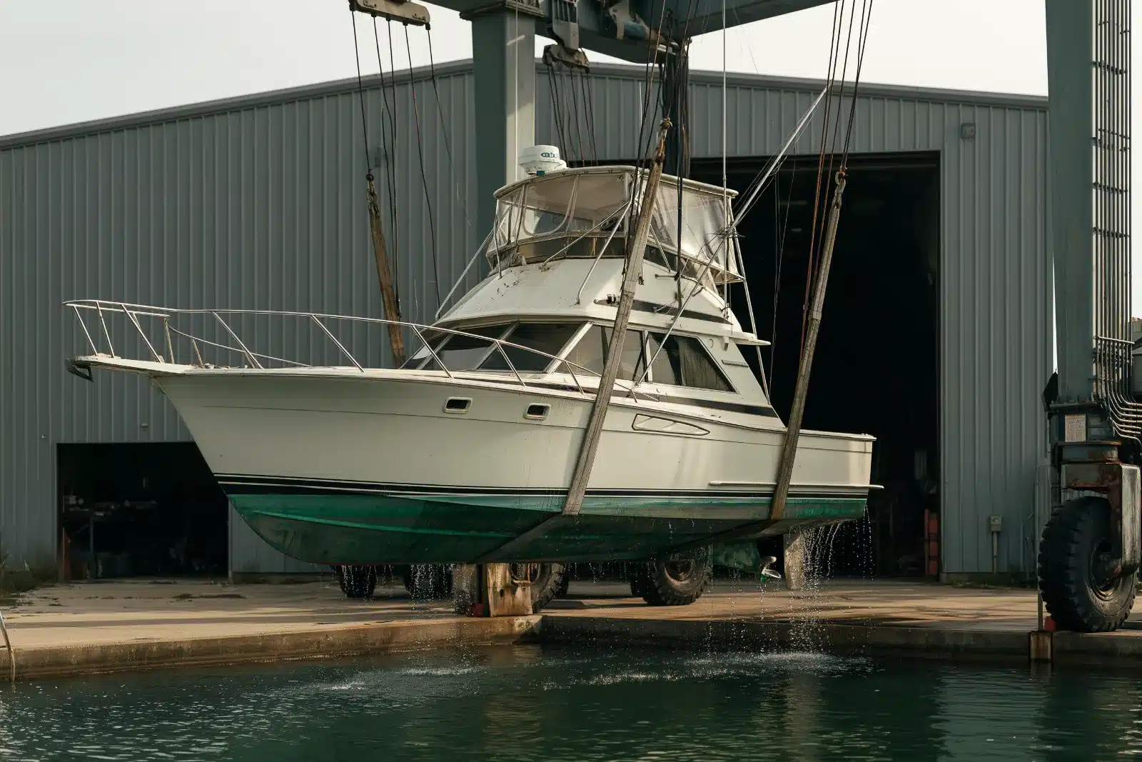A used white sportfishing boat with a green bottom hanging in the slings of a marine travel lift above the water at a boatyard, water dripping from the hull, a gray metal service building with an open bay behind