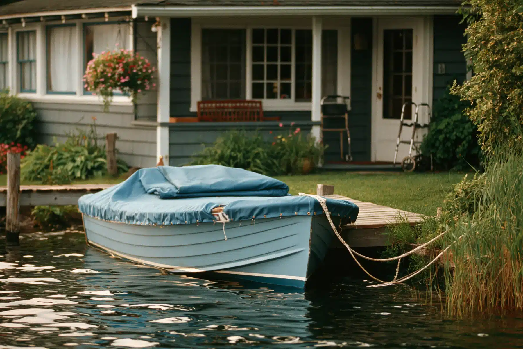 A small pale blue boat under a folded cover at a cottage dock, with a hanging flower basket and a walker by the porch door behind