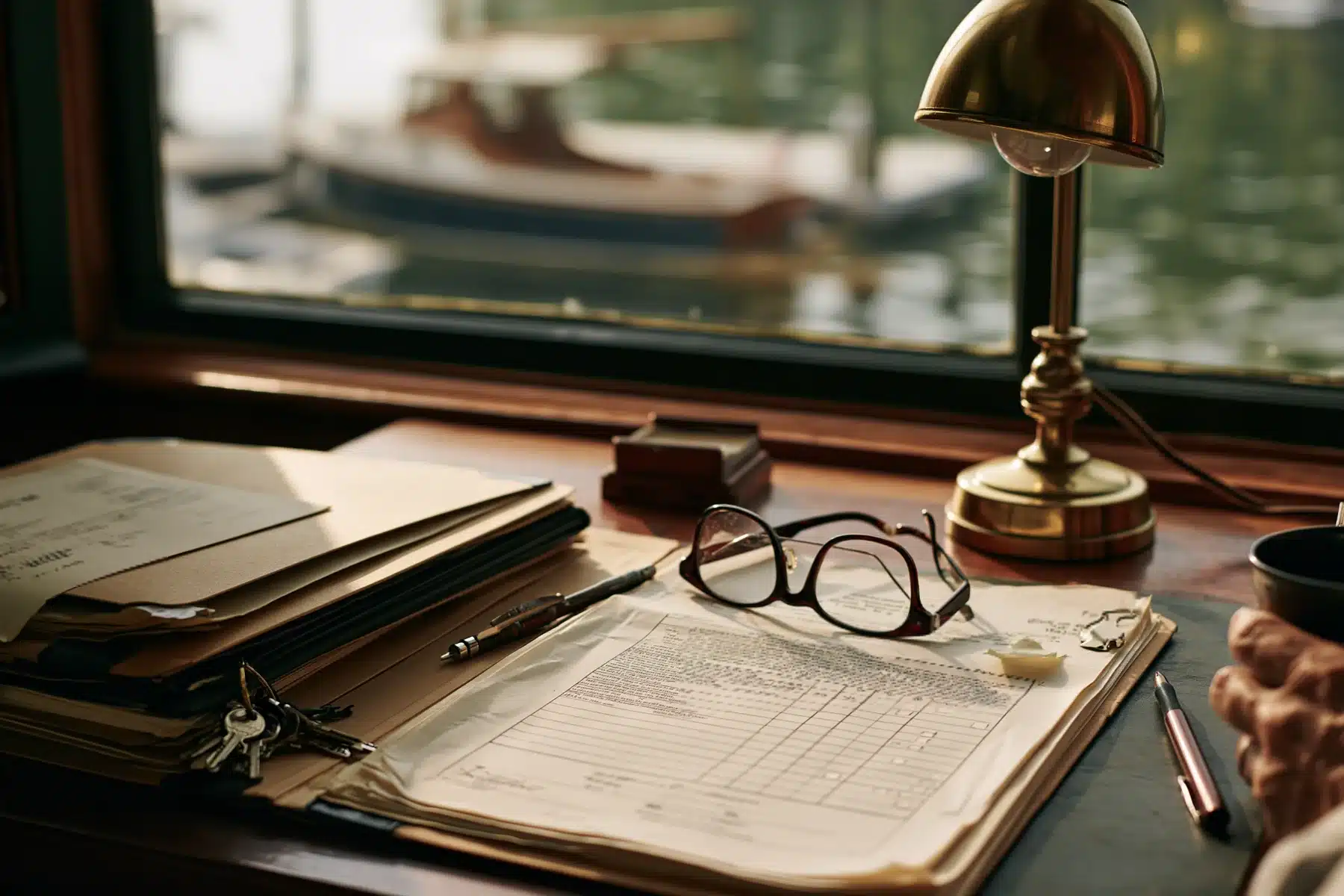A dark wooden desk in window light with a brass lamp, folders, an open form, reading glasses and keys, with a boat at a dock beyond the window