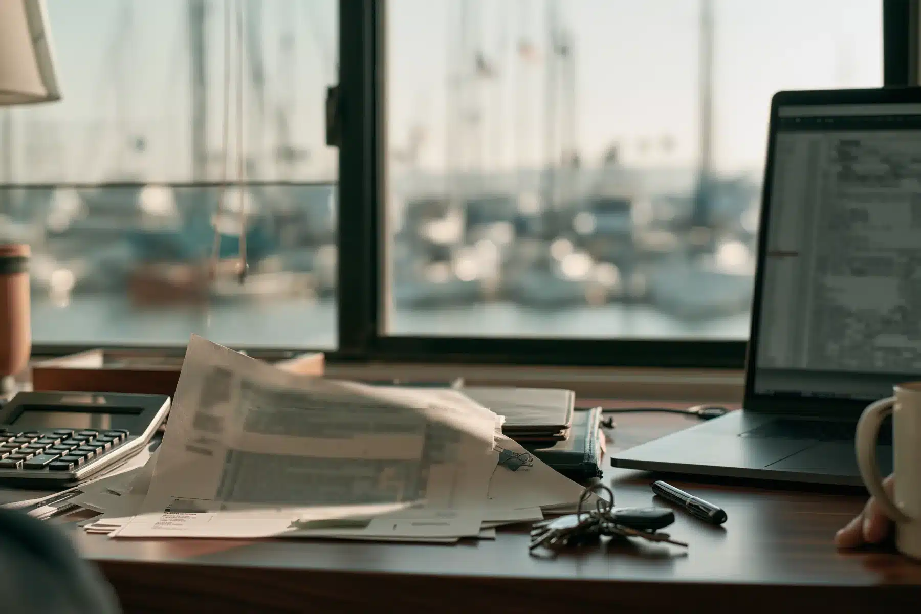 An advisor's desk in bright window light with a printed tax form, a calculator, a pen, keys, a laptop and a mug, with a marina soft through the window