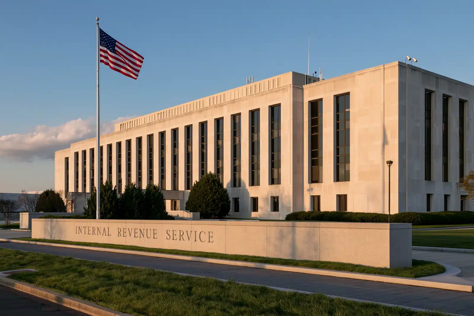 A limestone federal building with tall windows behind a granite sign reading Internal Revenue Service, beside a flagpole flying an American flag under a blue sky