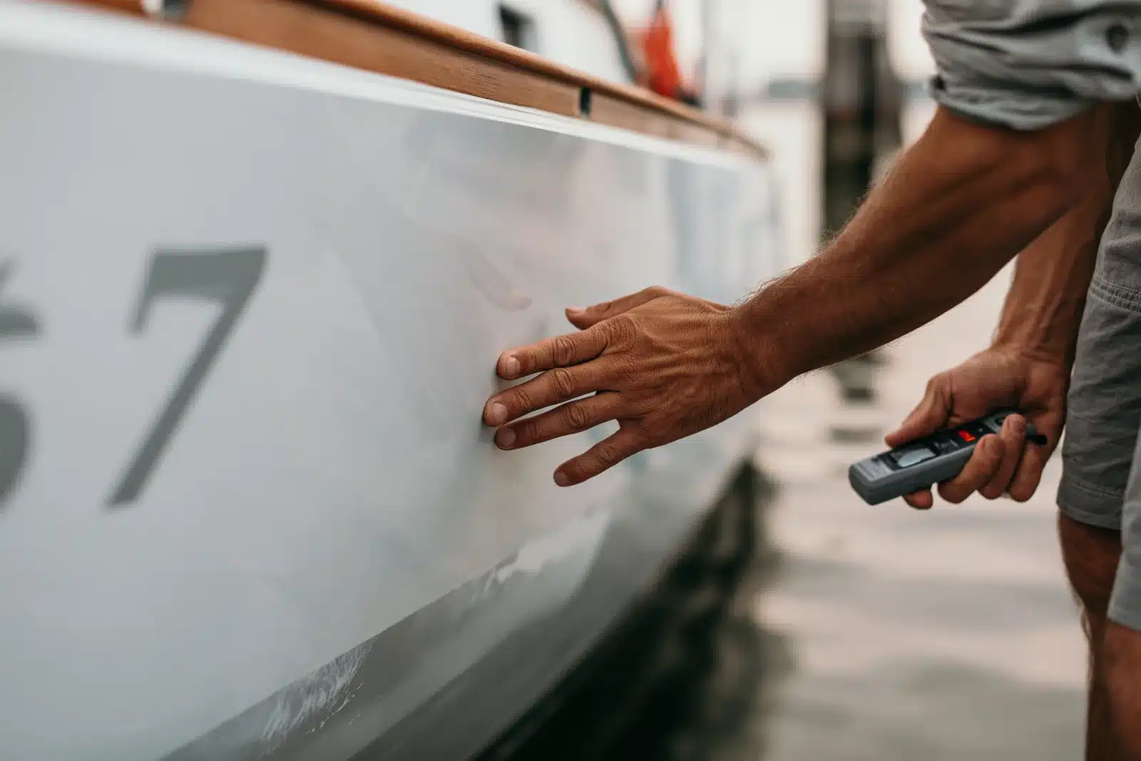 A man's hand resting flat on the white hull of a boat at a dock while his other hand holds a small handheld meter, checking the hull's condition