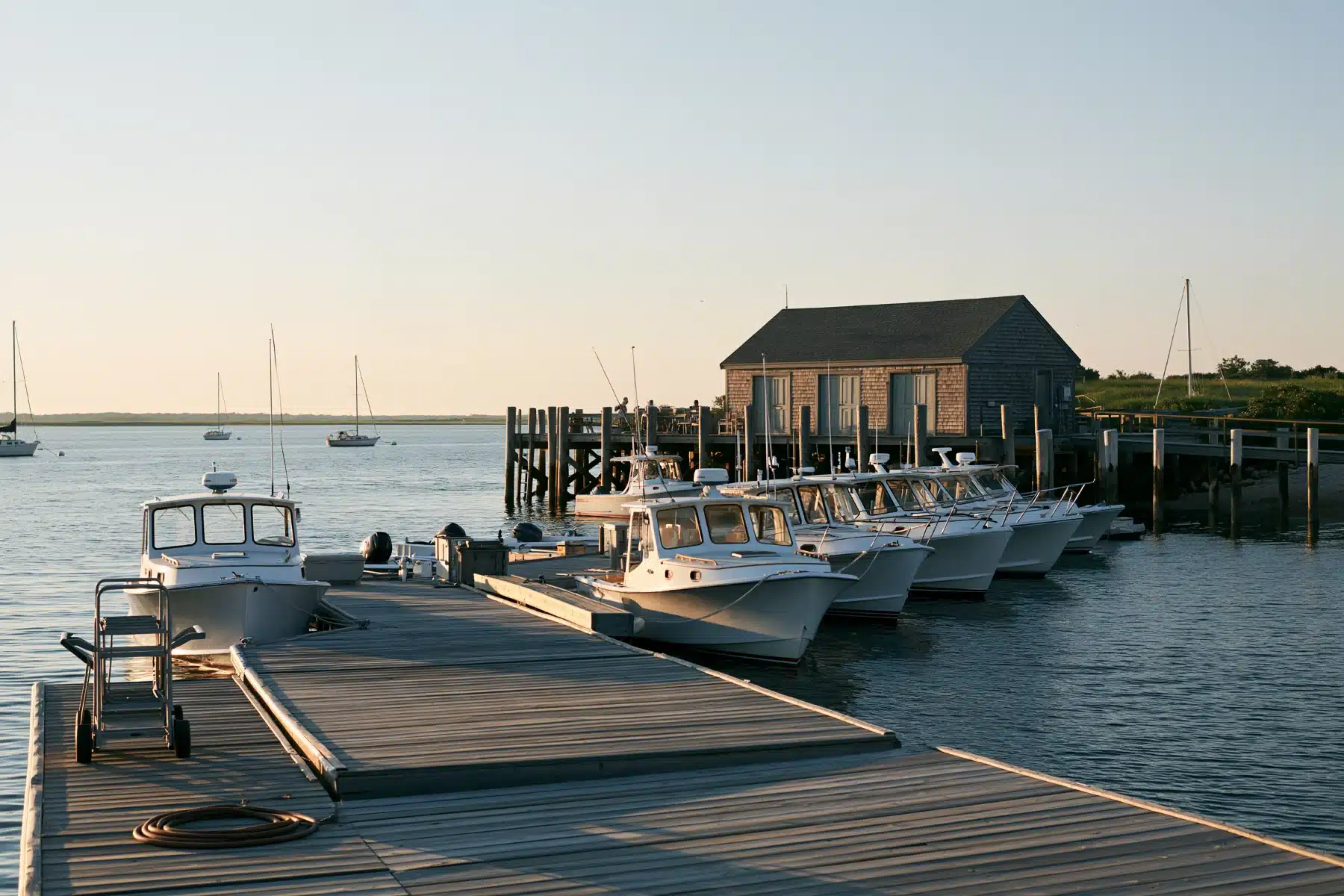 A gray-plank marina pier at evening with a dock cart and coiled hose, a row of white cabin boats tied along the right and a shingled harbor building on pilings beyond