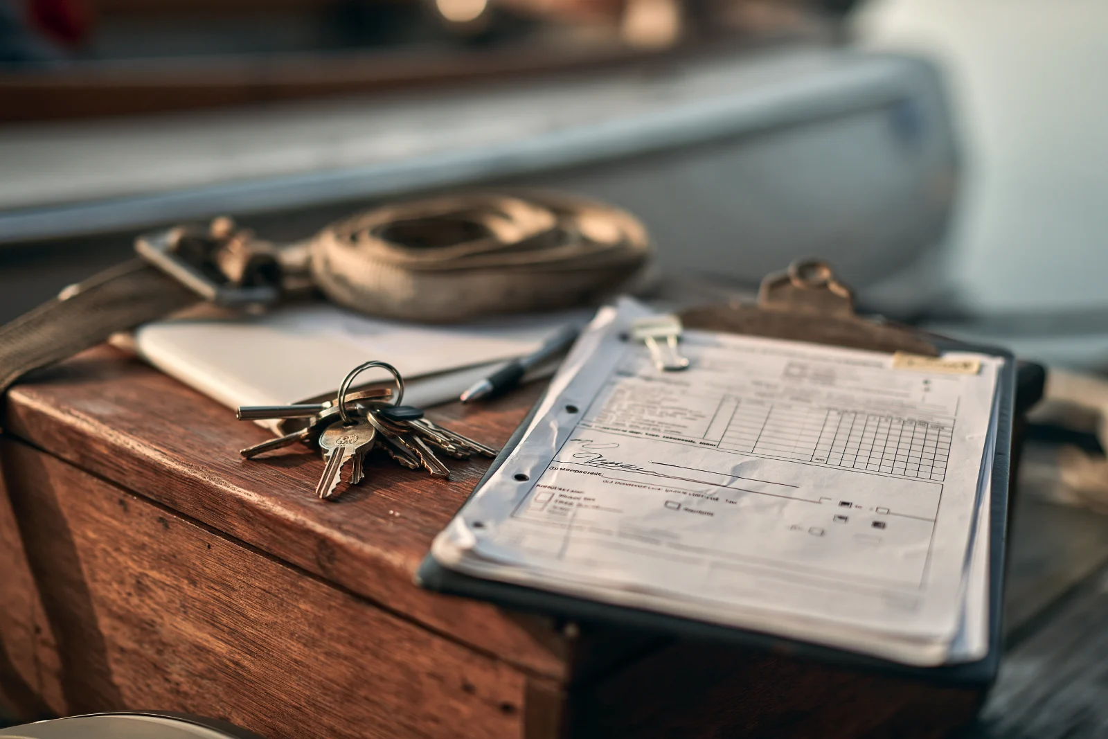 A set of keys, a pen, a strap coil and a clipboard holding a signed form on a wooden dock box, with a boat hull soft behind